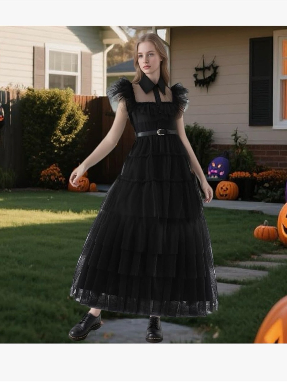 Wednesday’s Black Tiered Tulle Maxi Dress with wig